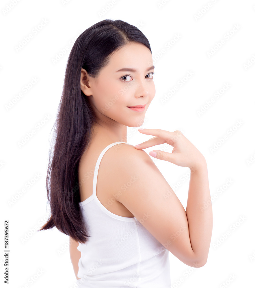 Portrait of beautiful asian woman makeup of cosmetic, girl touch shoulder and smile attractive, face of beauty perfect with wellness isolated on white background with skin healthcare concept. Portrait of beautiful asian woman makeup of cosmetic, girl touch shoulder and smile attractive, face of beauty perfect with wellness isolated on white background with skin healthcare concept.