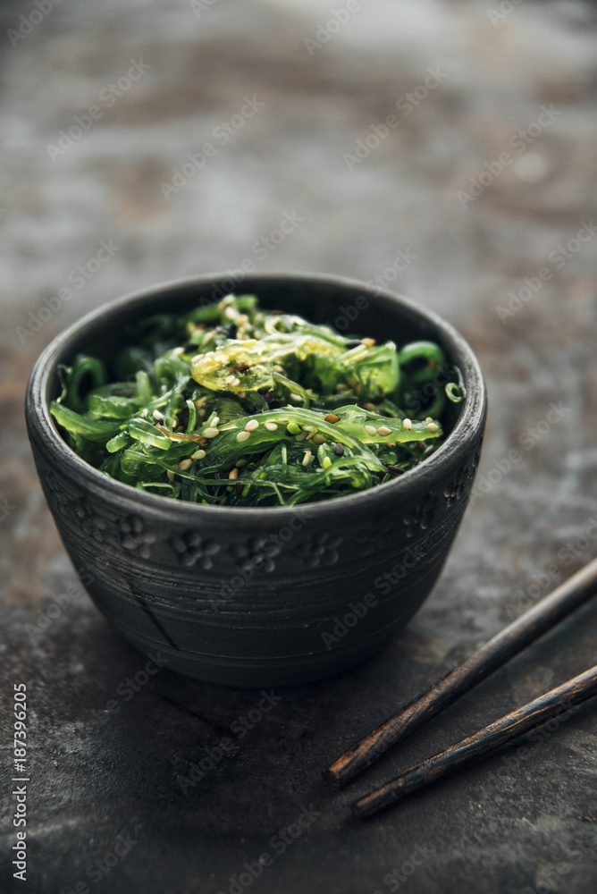 Food: Seaweed, wakame in a bowl with sesame Food: Seaweed, wakame in a bowl with sesame