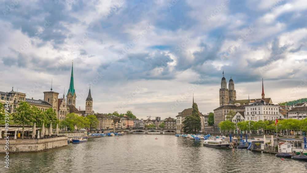 Zurich city skyline timelapse at Limmat River with Grossmunster and Fraumunster Church, Zurich, Switzerland 4K Time lapse Zurich city skyline timelapse at Limmat River with Grossmunster and Fraumunster Church, Zurich, Switzerland 4K Time lapse
