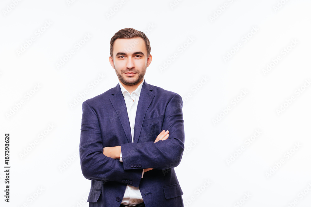 Half-length portrait of business man with crossed hands, isolated on white background. Concept of leadership and success Half-length portrait of business man with crossed hands, isolated on white background. Concept of leadership and success
