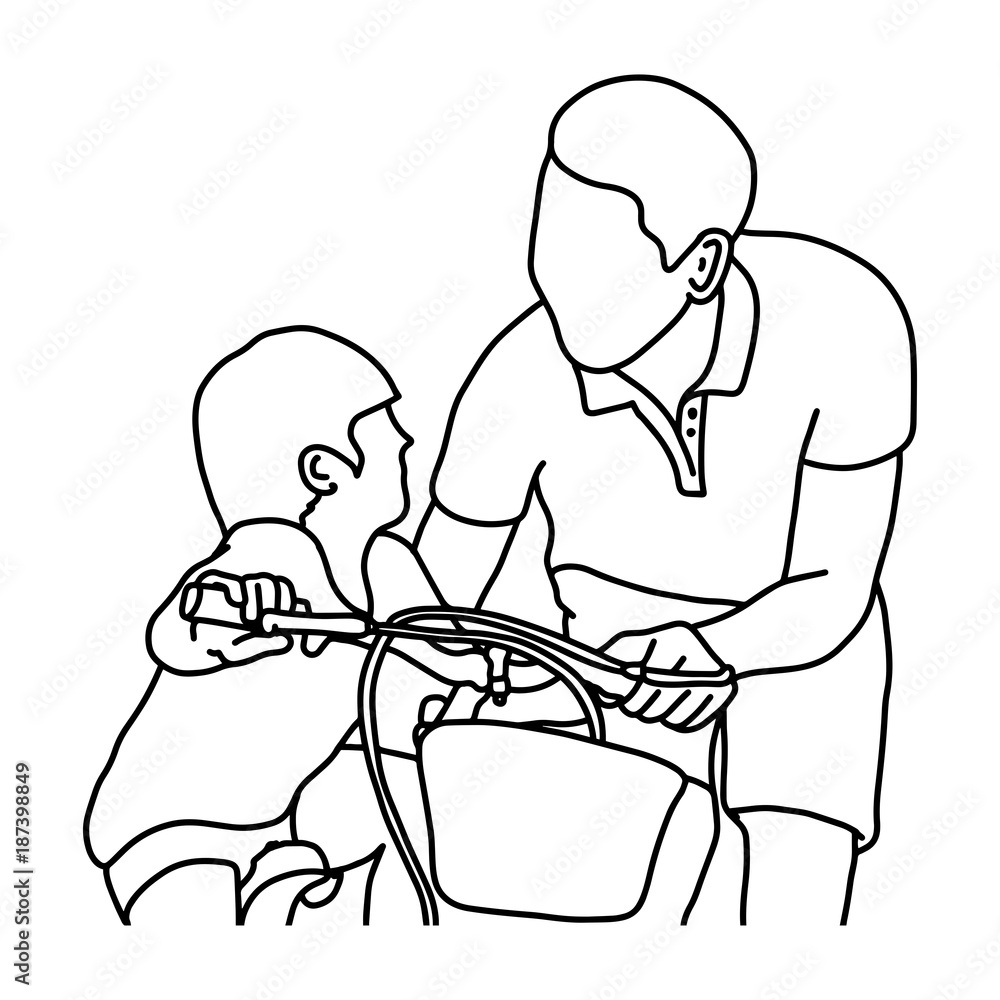 child learning to ride a bike with his father vector illustration outline sketch hand drawn with black lines isolated on white background