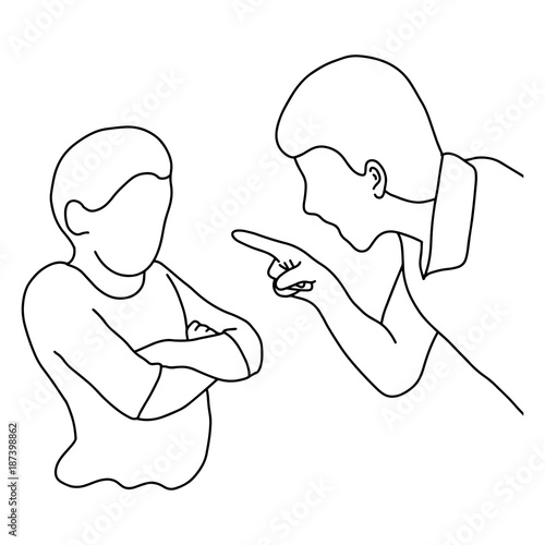 Dad scolding his son vector illustration outline sketch hand drawn with black lines isolated on white background