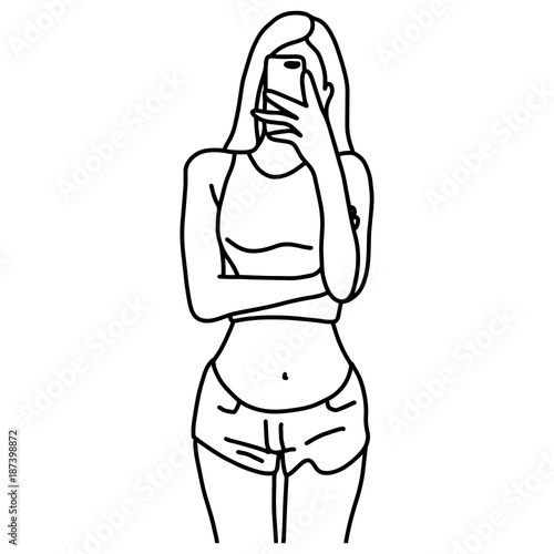 Fototapeta Naklejka Na Ścianę i Meble -  standing sexy woman using smartphone vector illustration outline sketch hand drawn with black lines isolated on white background