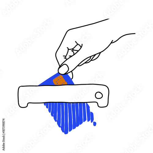 hand holding blue credit card on shredder machine vector illustration outline sketch hand drawn with black lines isolated on white background