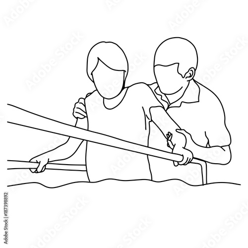 male physical therapist assisting woman to walk with the support of bars at hospital gym vector illustration outline sketch hand drawn with black lines isolated on white background