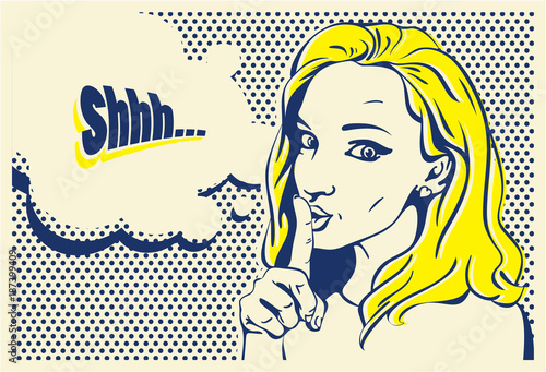 Shhh... Woman with finger on lips, silence gesture, pop art style woman banner