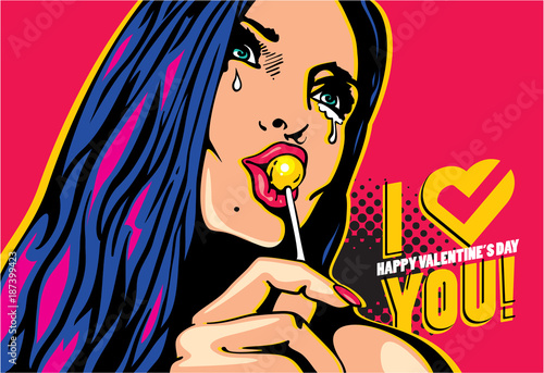beautiful woman licking lollipop candy, crying woman, i love you, valentines day pop art style banner