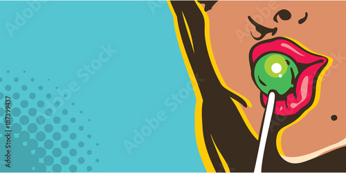 woman licking lollipop pop art style banner, red lips with lollipop