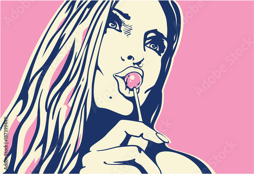 kobieta lizanie Lollipop banner w stylu pop-art