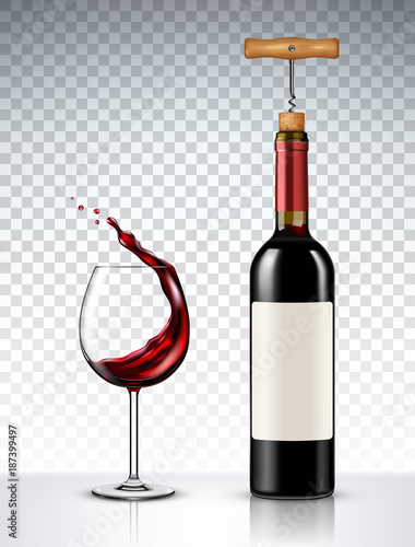 Red Wine bottle and glass on transparent background