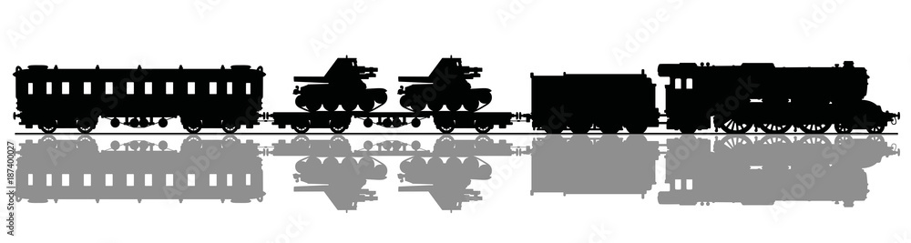 The black silhouette of a vintage military steam train