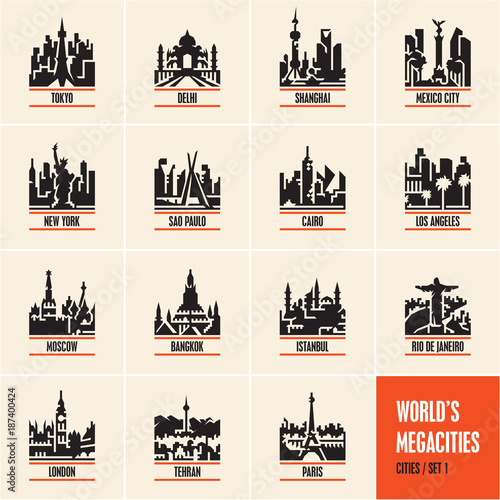 city icons, cityscape, city skyline, city silhouette, cities vector icons set, megacities,