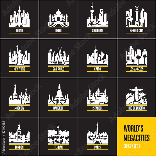 Canvas Print city icons, cityscape, city skyline, city silhouette, cities vector icons set, m