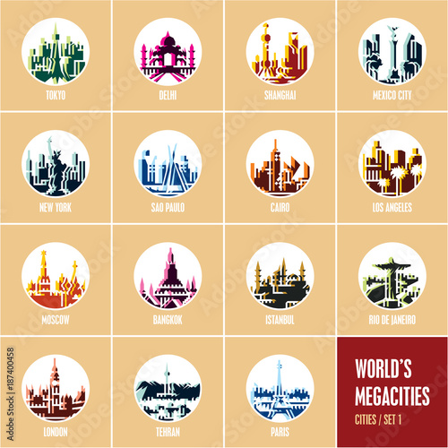 colorful city icons, modern flat style travel destinations icons, round icons