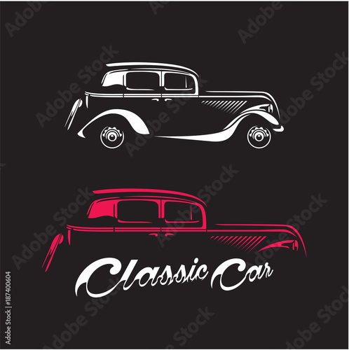 Classic car silhouette isolated on black background, Vintage car vector