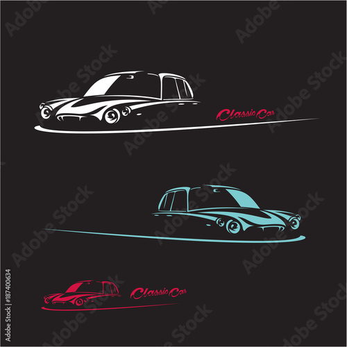 Classic car silhouette on black background. Retro car vector banner