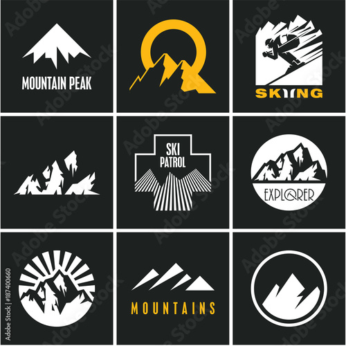 Ski. Skiing. Skier. Mountain icons set. Mountain peak.