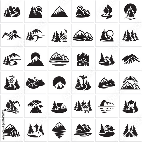 mountain icons set, hills, forest, wood, trees, rivers, lakes, nature landscape icons collection