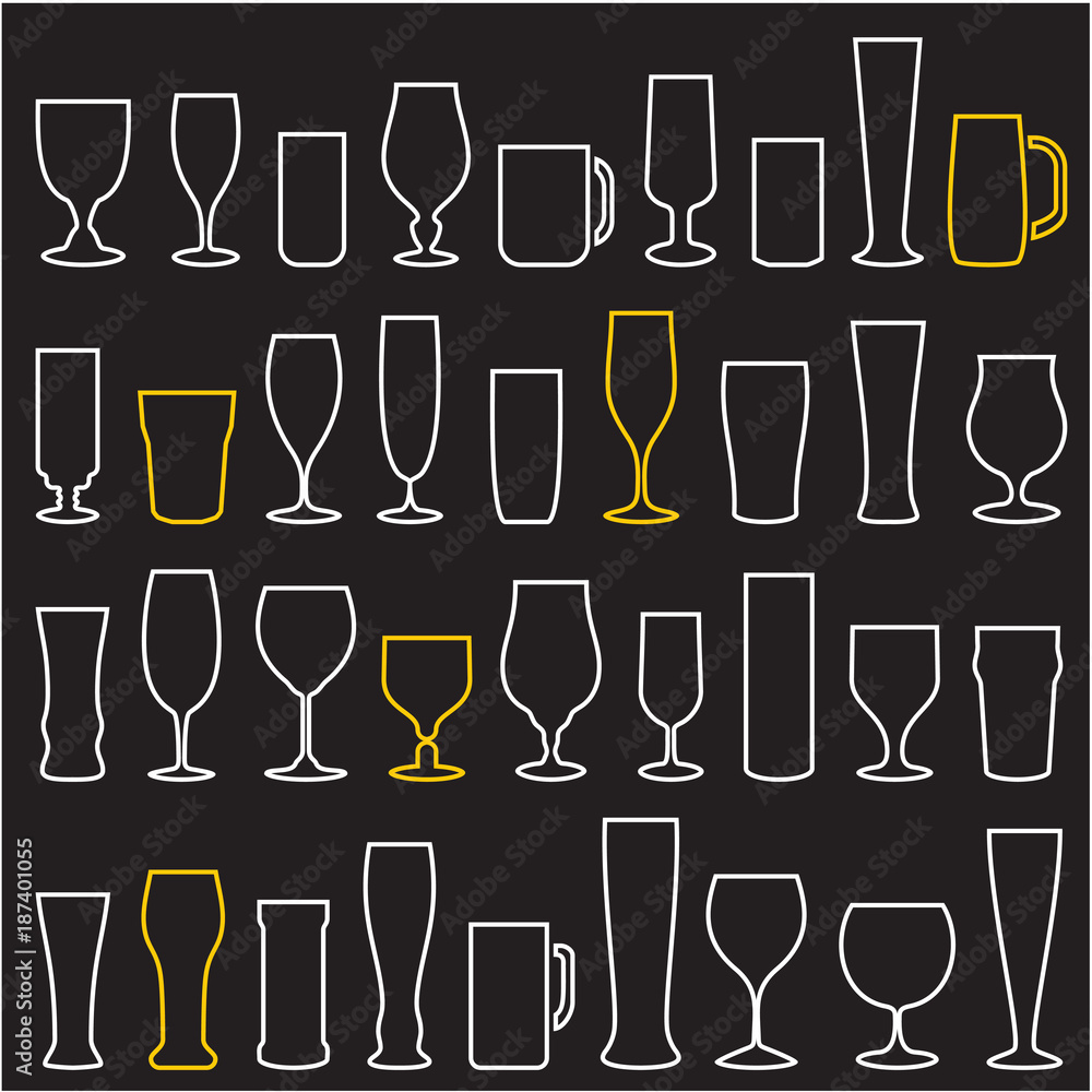 beer glasses isolated icons set. Wine glass. Cups. Mugs. beer glasses isolated icons set. Wine glass. Cups. Mugs.