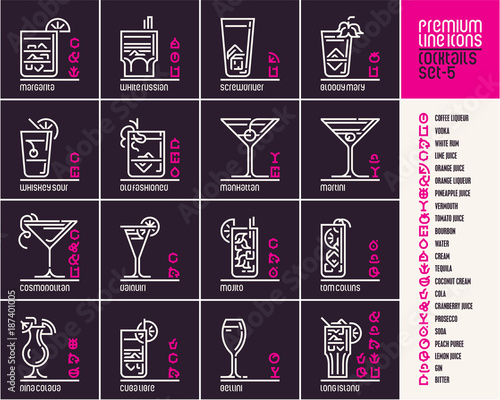 Cocktail icons, top cocktails set line icons, cocktail ingredients pictograms, drinks vector icons, beverages, alcohol, cocktails infographic, food and drinks signs and symbols on black background
