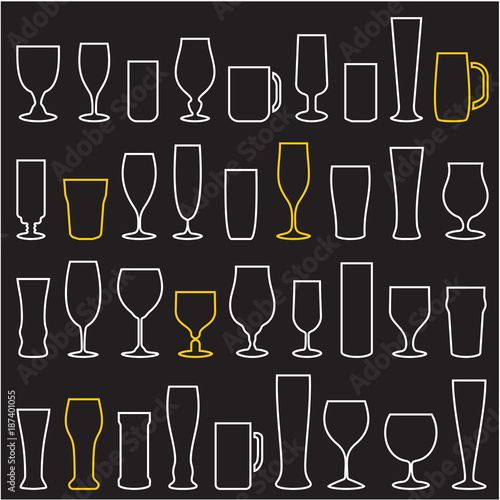 beer glasses isolated icons set. Wine glass. Cups. Mugs.