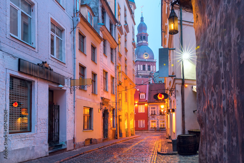 Typical europeen medieval street and the Cathedral of Saint Mary in the morning, Riga, Latvia © Kavalenkava