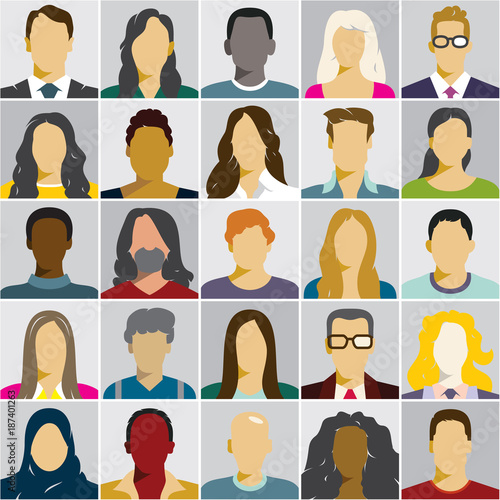 flat people icons, avatars, woman face, man face, people races