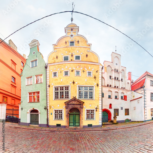 Famous medieval buildings, called Three Brothers on Maza Pils iela in Old Riga Town in Riga city, Latvia photo