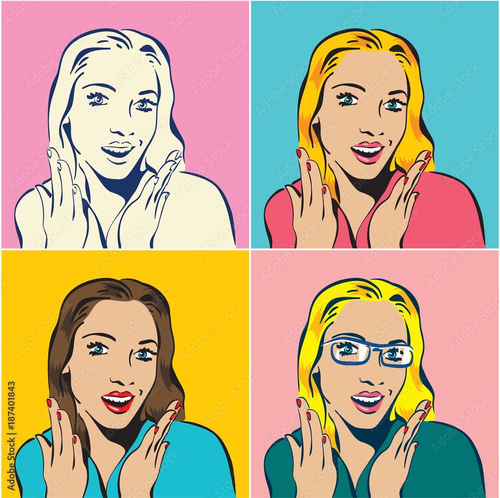 Surprised woman face with open mouth, pop art style sexy woman with glasses Surprised woman face with open mouth, pop art style sexy woman with glasses