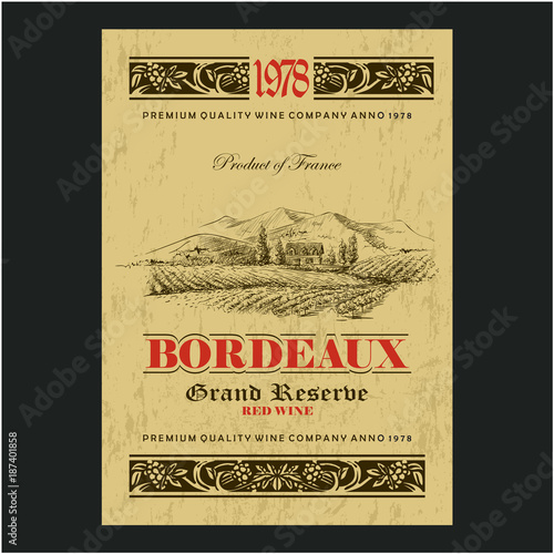 Vintage wine label. Drawing vineyard