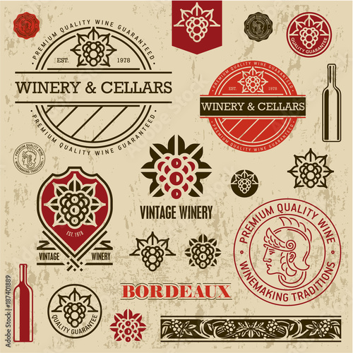 Wine labels, stamps and logos set, grape sign