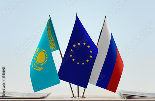 Flags of Kazakhstan European Union and Russia
