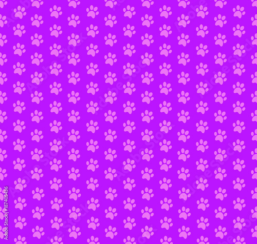 Cute seamless pattern of pink animal paw prints on violet background.