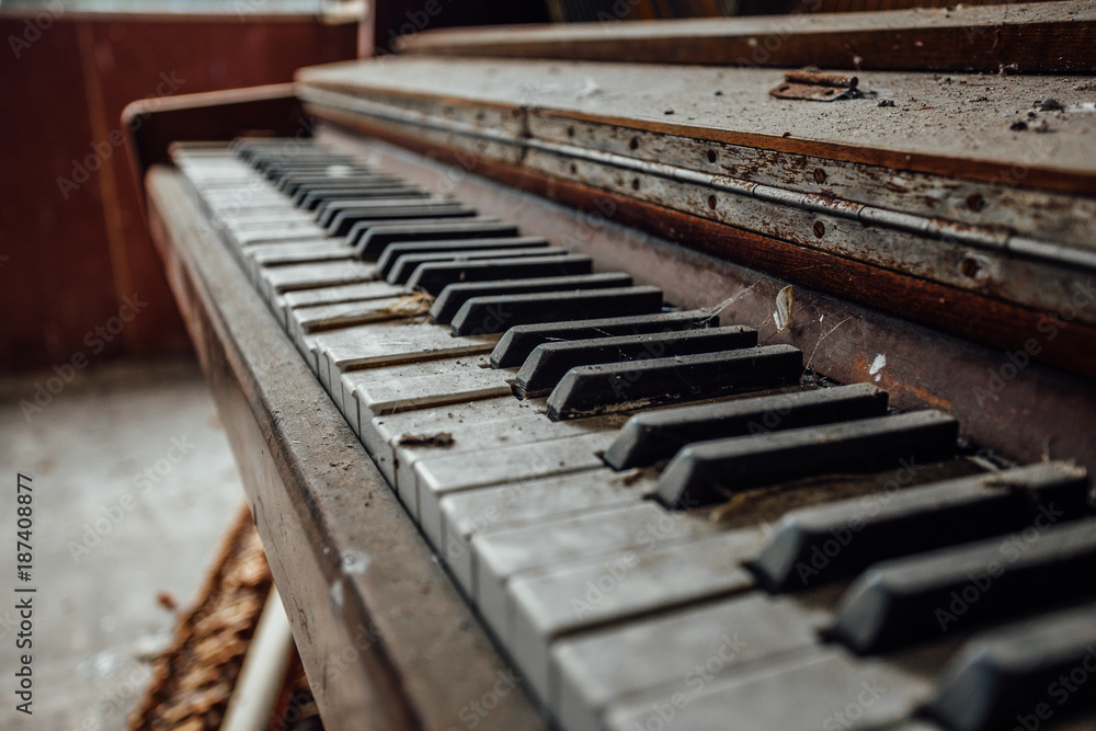 Old abandoned piano keyboard. Close up view Old abandoned piano keyboard. Close up view