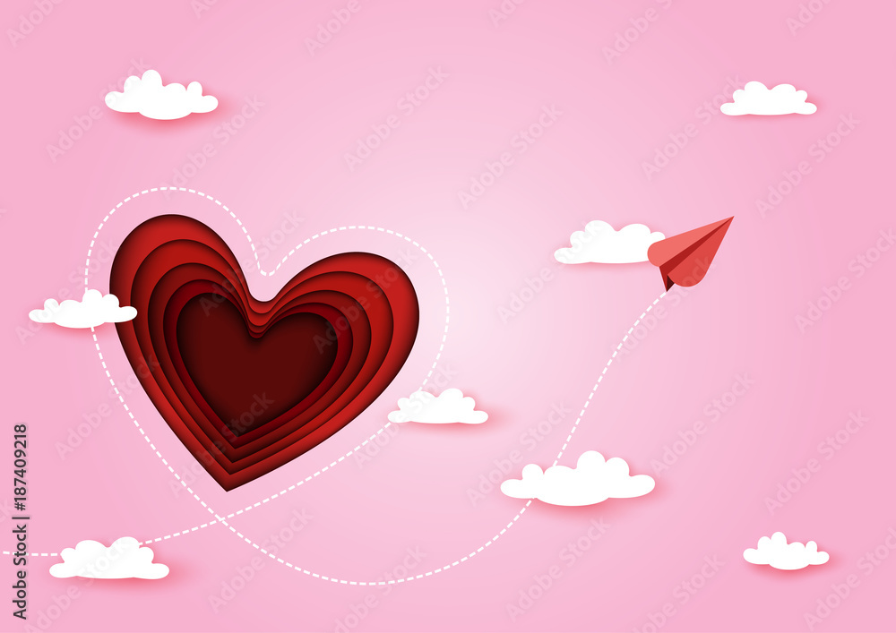Paper art style of valentine's day greeting card and love concept.Red airplanes flying around red heart on pink background.Vector illustration. Paper art style of valentine's day greeting card and love concept.Red airplanes flying around red heart on pink background.Vector illustration.