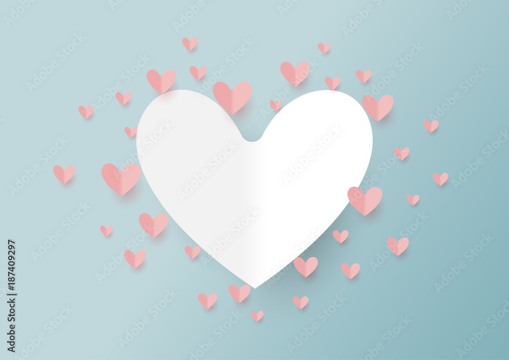 Paper art style of valentine's day greeting card and love concept.Origami white and pink hearts on blue background.Vector illustration.