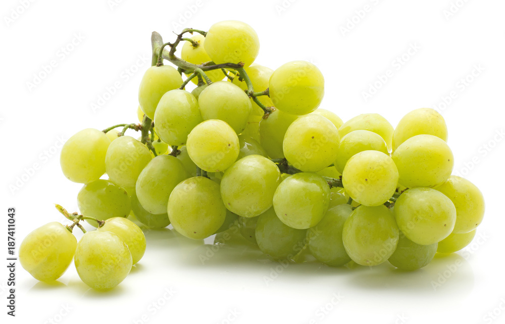 One green grape bunch (Early Sweet or Grapaes variety) with three separated berries isolated on white background.