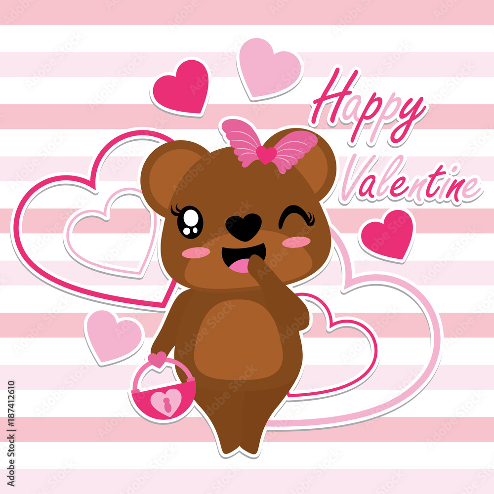 Obraz premium Cute bear brings love bag vector cartoon illustration for Happy Valentine card design, postcard, and wallpaper