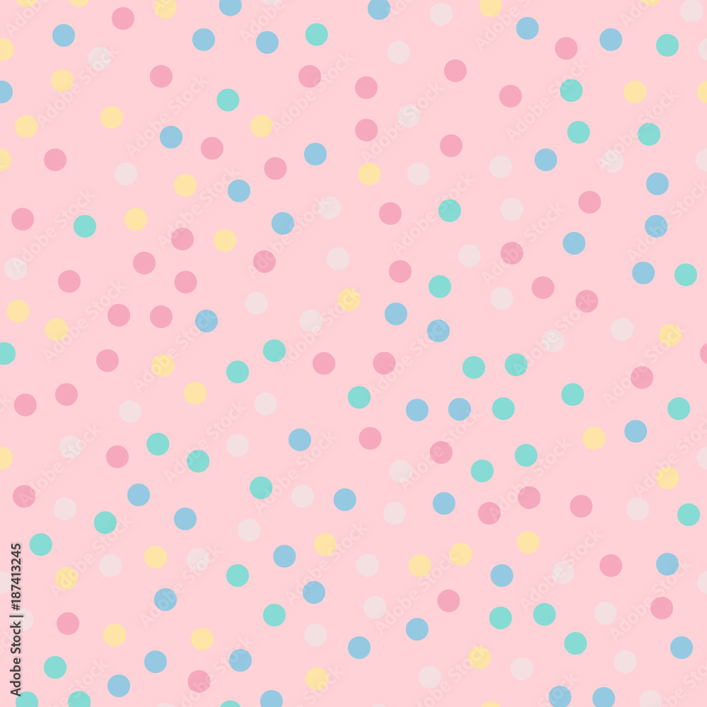 Colorful polka dots seamless pattern on bright 9 background. Breathtaking classic colorful polka dots textile pattern. Seamless scattered confetti fall chaotic decor. Abstract vector illustration.