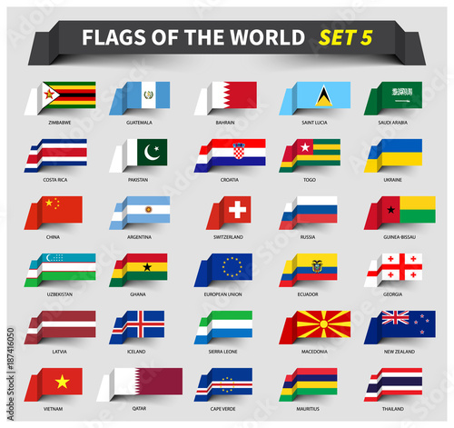 All flags of the world set 5 . Waving ribbon style