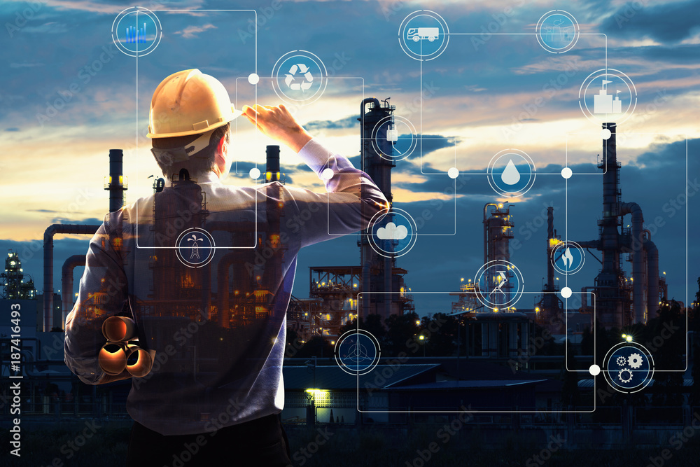 Double exposure of Engineer with oil refinery industry plant background,  industrial instruments in the factory and physical system icons concept, Industry 4.0 concept image - obrazy, fototapety, plakaty 