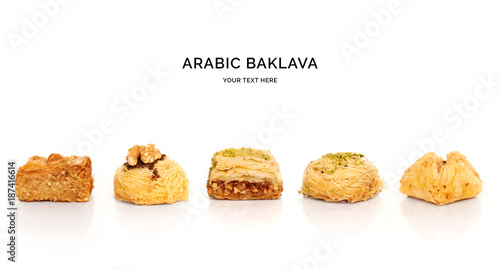 Seamless pattern with baklava. Sweets abstract background. Baklava on the white background.