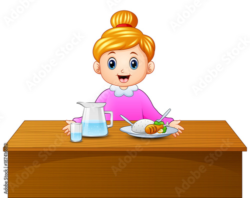 Cartoon happy blonde haired mother and healthy food on dining table