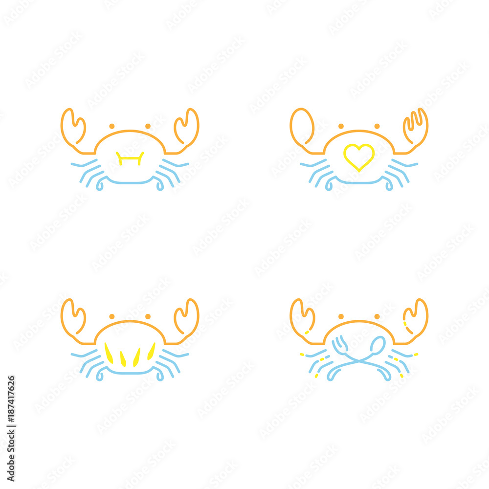 Crab icon outline stroke set dash line design illustration orange yellow and blue color isolated on white background, vector eps10