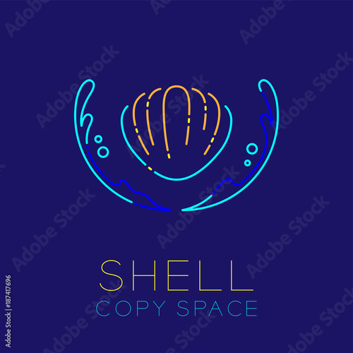 Shellfish, Water splash and Air bubble icon outline stroke set dash line design illustration isolated on dark blue background with Shell text and copy space