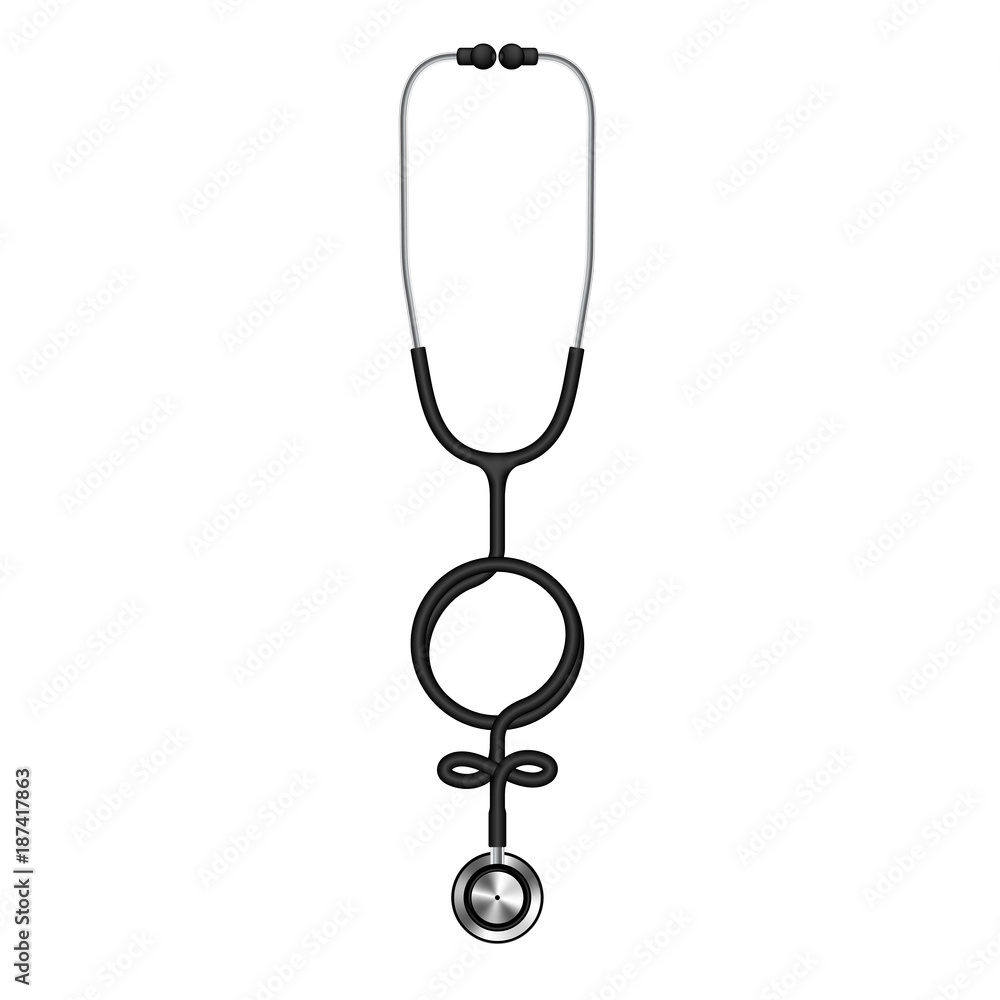 Stethoscope black color and female sign symbol made from cable isolated on white background, with copy space Stethoscope black color and female sign symbol made from cable isolated on white background, with copy space