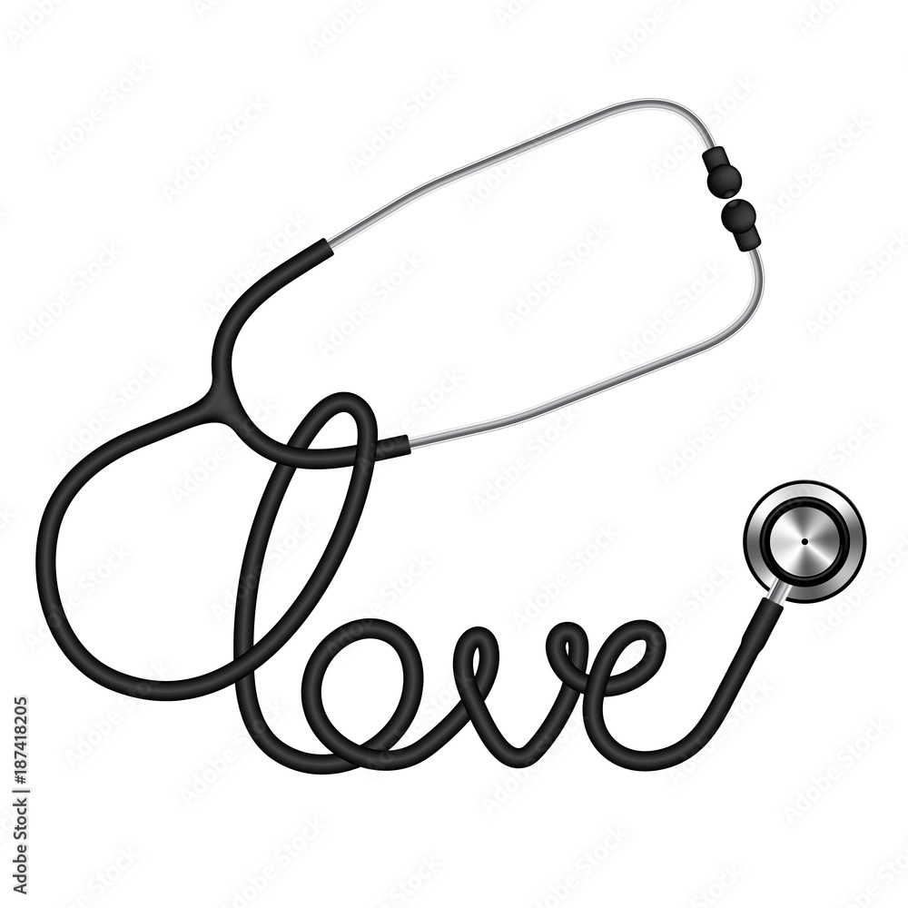 Stethoscope black color and love text made from cable isolated on white background, with copy space Stethoscope black color and love text made from cable isolated on white background, with copy space