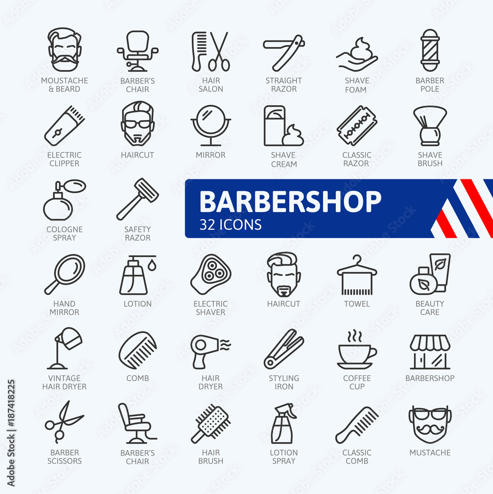 Barber shop elements - minimal thin line web icon set. Outline icons collection. Simple vector illustration. Barber shop elements - minimal thin line web icon set. Outline icons collection. Simple vector illustration.