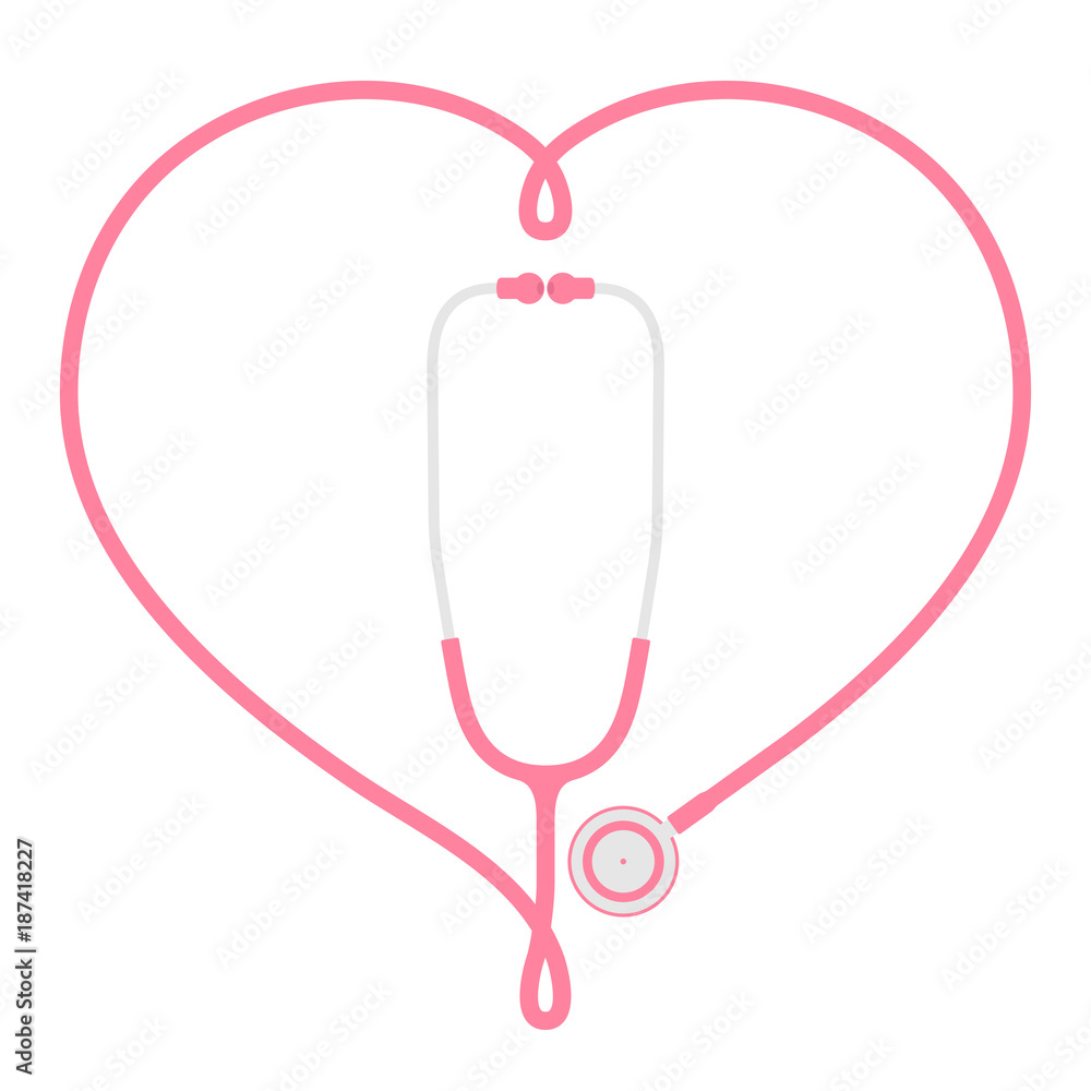 Stethoscope pink color and heart sign symbol frame made from cable flat design isolated on white background, with copy space Stethoscope pink color and heart sign symbol frame made from cable flat design isolated on white background, with copy space