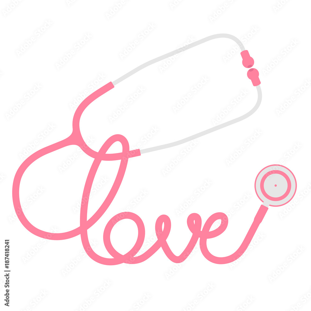 Obraz premium Stethoscope pink color and love text made from cable flat design isolated on white background, with copy space